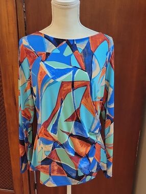 Susan Graver Printed Liquid Knit Long Sleeve Top with Twist Detail Multicolor M